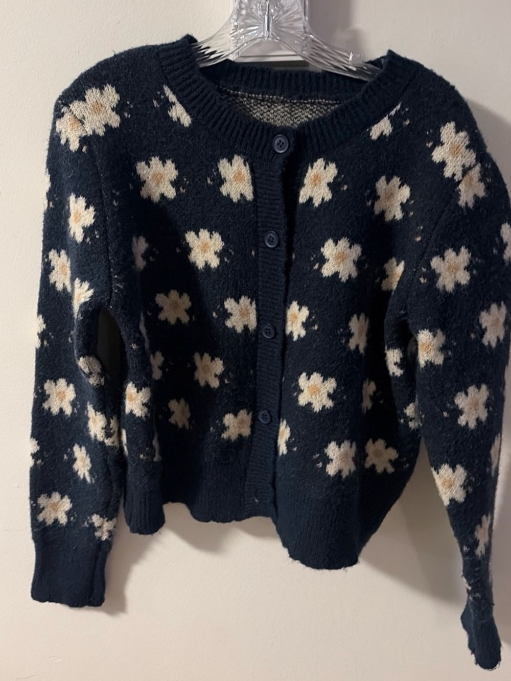 Women's Navy Blue Floral Button-Up Sweater Cardigan